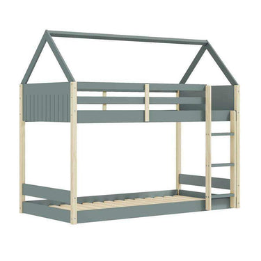 Litera montessori romantica verde para niños con dos camas y acabado natural
