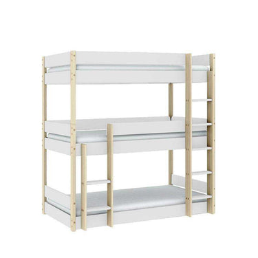 Litera triple romántica de madera de pino en color verde cera para tres camas