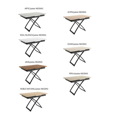 Mesa centro elevable convertible en mesa de comedor extensible modelo CINZIA con patas metálicas en X.