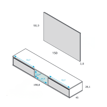 Mueble salón TIVOLI suspendido minimalista con panel de pared para TV en acabado personalizado