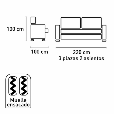 Sofá cama 3 plazas modelo FLOG de 220 cm en microfibra antimanchas, con asientos extraíbles y respaldo reclinable, fabricado en España.