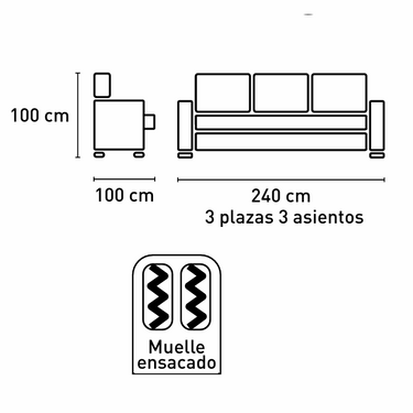 Sofá cama 3 plazas modelo FLOG de 240 cm con asientos extraíbles y tapizado antimanchas, fabricado en España.