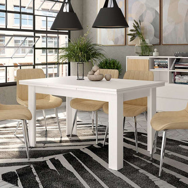 Mesa comedor extensible AGOSTINA de diseño moderno con sistema de doble extensión elegante y funcional.