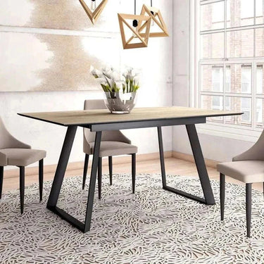 Mesa de comedor extensible ROMINA con acabado efecto piedra y estructura metálica robusta