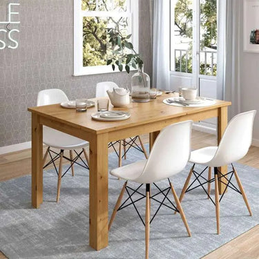 Mesa de comedor extensible ALLEGRA con patas en L y acabado de melamina de alta calidad.