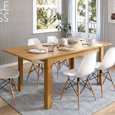 Mesa de comedor extensible Allegra con pata en L y acabado en melamina de alta calidad.
