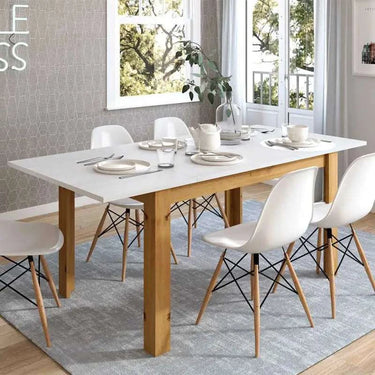 Mesa de comedor extensible modelo ALLEGRA con pata tipo L y acabado en melamina de alta calidad.