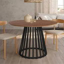 Mesa de comedor redonda fija DELTA con pata central metálica y tapa biselada de madera disponible en varios colores