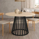 Mesa de comedor redonda fija DELTA con pata central metálica y sobre biselado de madera.