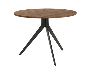 mesa de comedor redonda fija orta con sobre biselado y patas metálicas