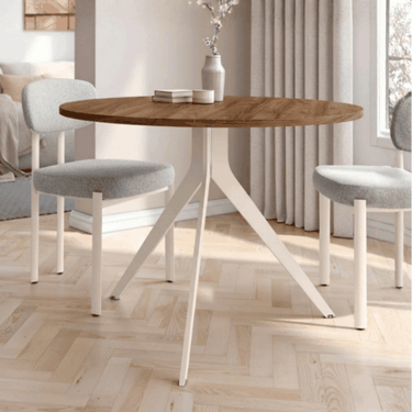 Mesa de comedor redonda fija ORTA con sobre biselado y patas metálicas