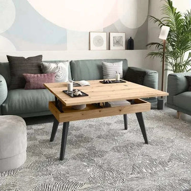 Mesa elevable convertible RENATA con sobre tipo libro y patas metálicas en salón moderno