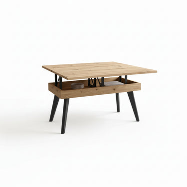 Mesa elevable convertible RENATA con sobre tipo libro y patas metálicas en salón moderno