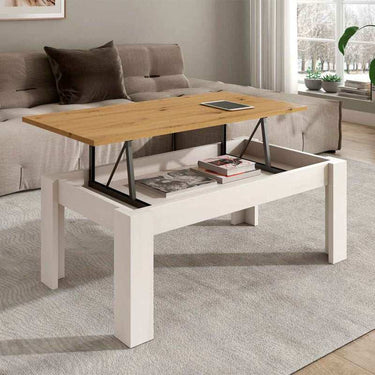 Mesa centro elevable ADRIANA con pata tipo L y espacio de almacenaje interior en varios acabados.