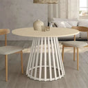 Mesa de comedor redonda fija DELTA con pata central metálica y tapa biselada de madera
