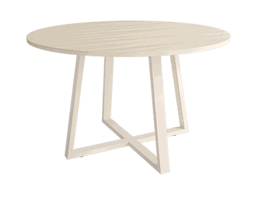 Mesa de comedor redonda fija Lugano con patas metálicas y diseño biselado
