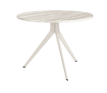 Mesa de comedor redonda fija ORTA con patas metálicas y sobre biselado de madera
