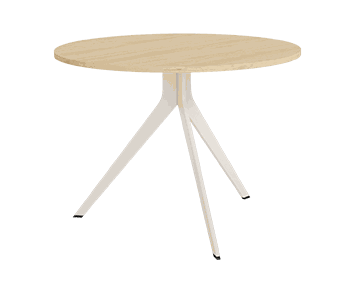 mesa de comedor redonda fija orta con patas metálicas y sobre biselado