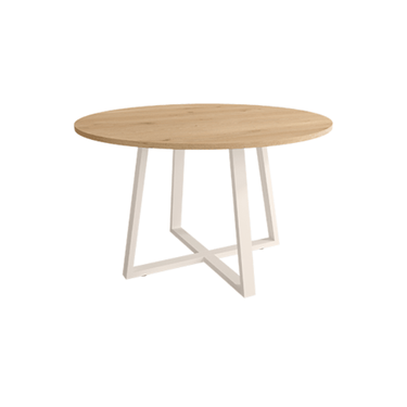 Mesa de comedor redonda fija Lugano con patas metálicas y diseño de madera