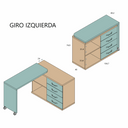 Mesa de estudio giratoria azul verdosa y beige, de melamina, con tres cajones y sobre abatible en giro izquierdo.