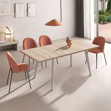 Mesa salón comedor extensible PALMIRA en colores artisan, polar, nuez o roble natural con patas metálicas blancas o negras