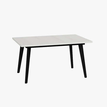 Mesa salón comedor extensible PALMIRA con diseño moderno y patas metálicas en blanco o negro, disponible en colores Artisan, Polar, Nuez y Roble Natural.
