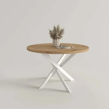 Mesa de comedor redonda fija patas metálicas en X modelo DONATA fabricada en España