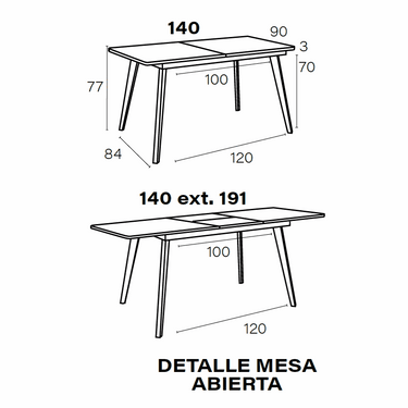 Mesa comedor extensible SERENA con esquinas redondeadas y patas metálicas, fabricada en España