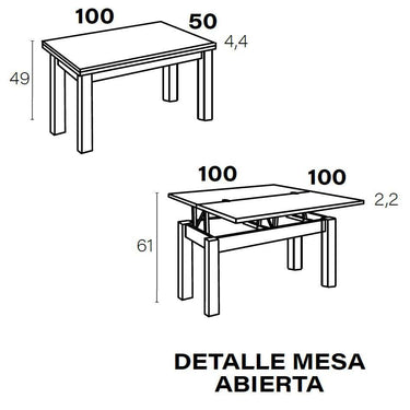 Mesa de centro elevable convertible CHIARA con patas cuadradas y almacenaje interior en varios colores
