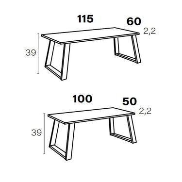 Mesa de centro fija GIADA con patas metálicas en trapecio, diseño geométrico y contemporáneo, disponible en varios colores y medidas.