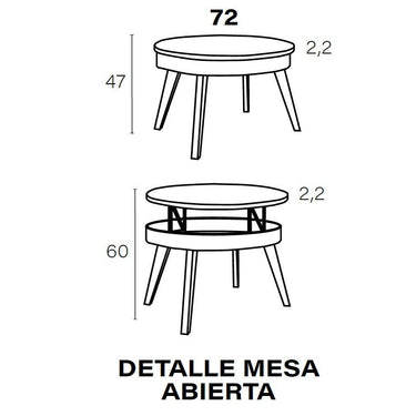 Medidas Mesa centro redonda elevable modelo CAELI con patas inclinadas y diseño moderno