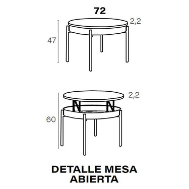 Medidas Mesa centro redonda elevable con patas metálicas mod. BELLA de diseño moderno y adaptable