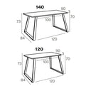 Mesa comedor fija BIANCA con patas metálicas trapecio, diseño moderno y medidas 120 o 140 cm, acabados variados y fabricación española.