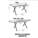 Mesa de comedor extensible LUNA con patas metálicas en X y sistema de apertura semi-automático.