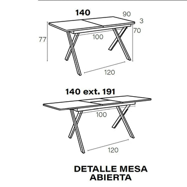 Mesa de comedor extensible LUNA con patas metálicas en X y sistema de apertura semi-automático.