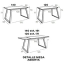Mesa de comedor extensible ALESSANDRA en madera laminada y estructura metálica, diseño elegante y funcional.