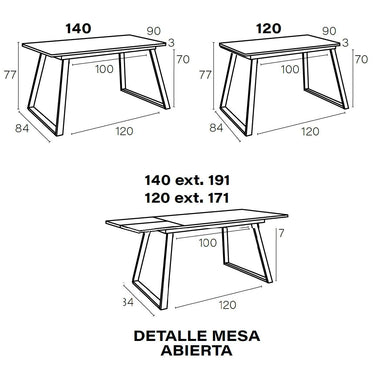 Mesa de comedor extensible ALESSANDRA en madera laminada y estructura metálica, diseño elegante y funcional.
