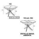 Mesa de comedor redonda extensible DONATA con patas metálicas en X y sistema semi-automático.