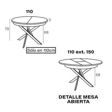 Mesa de comedor redonda extensible DONATA con patas metálicas en X y sistema semi-automático.