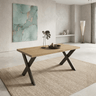 Mesa de centro BRUNA con patas metálicas en X y tablero laminado natural, diseño moderno y resistente.