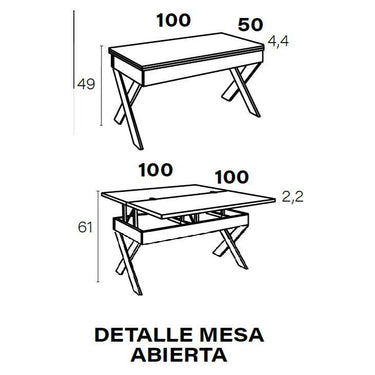 Mesa elevable convertible DONATA con patas metálicas en X y espacio de almacenaje interior