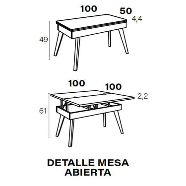 Medida Mesa elevable de centro convertible con patas metálicas modelo RENATA en varios colores, fabricada en España.