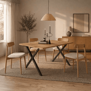 Mesa comedor fija GIA con patas metálicas en X y diseño contemporáneo