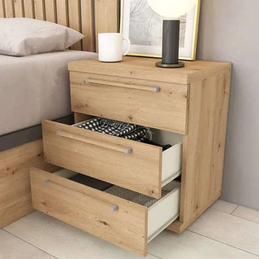 Mesita de noche Génova 3 cajones personalizable en colores y tiradores para dormitorio moderno