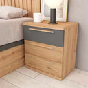 Mesita de noche Génova con tres cajones y diseño personalizable para dormitorio moderno