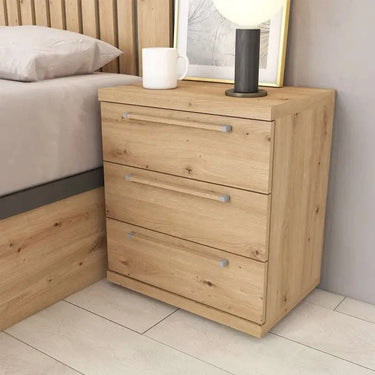 Mesita de noche Génova de 3 cajones personalizable en colores y acabados para dormitorio moderno.