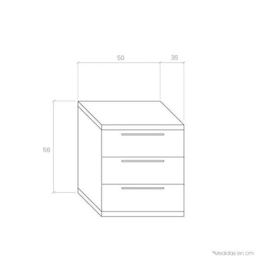Mesita de noche Génova de 3 cajones en madera melamínica personalizable para dormitorio