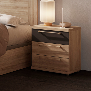 Mesita de noche Génova con tres cajones y diseño personalizable para dormitorio moderno