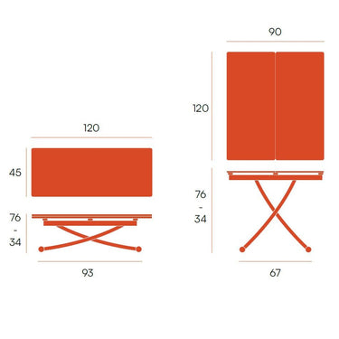 Mesa centro elevable convertible en mesa de comedor modelo CINNIA con patas metálicas en X y acabado en varios colores.