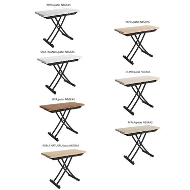 Mesa centro elevable CINNIA convertible en mesa comedor con patas metálicas en X y acabado en varios colores.
